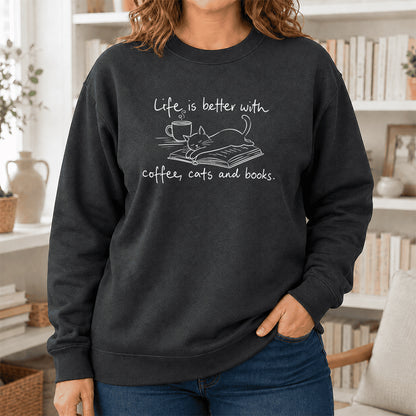 Funny Cats and Books Crewneck Sweatshirt | Reader Gift Dark Heather