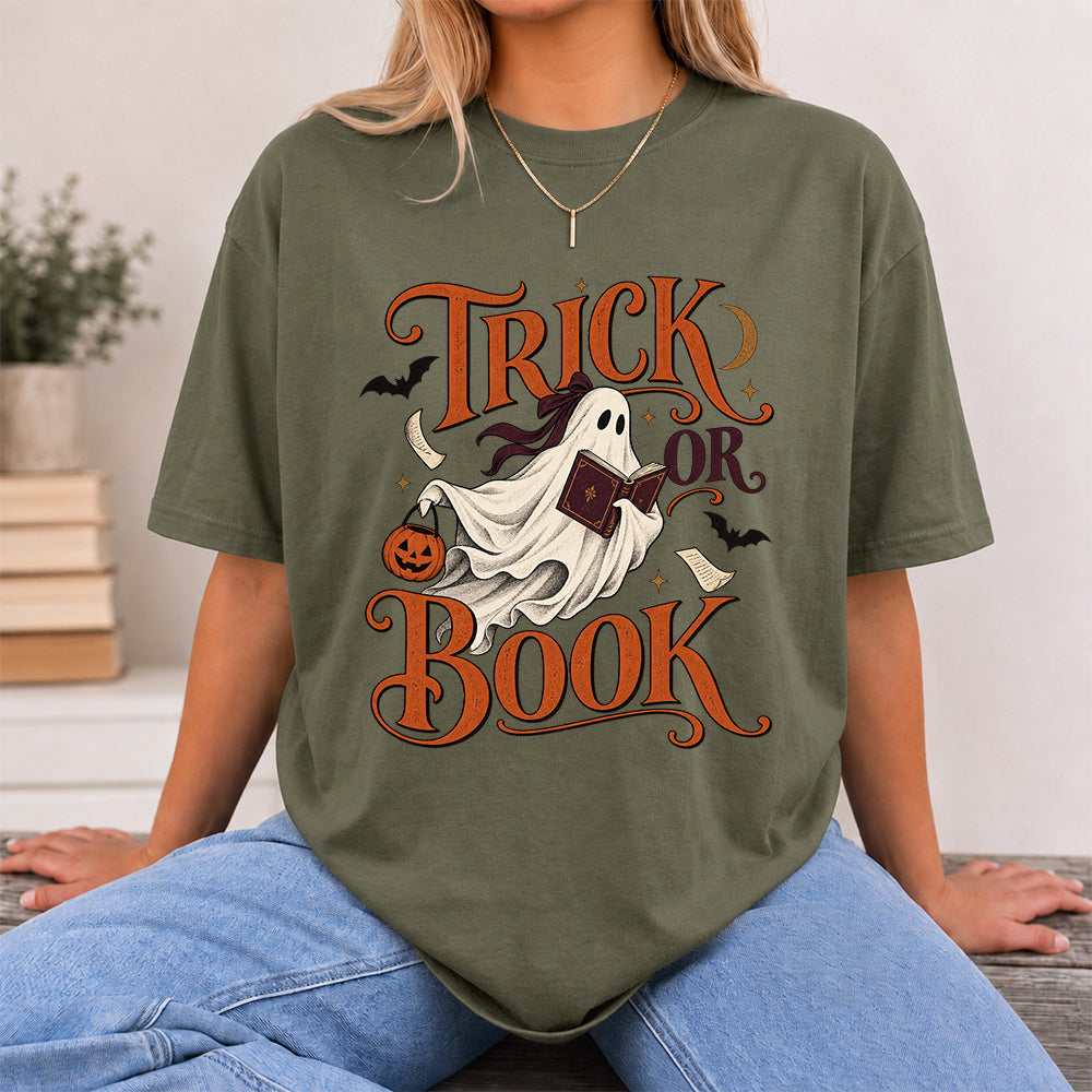 Trick Or Book Ghost Printed T-Shirt | Halloween Book Lover Gift Military Green