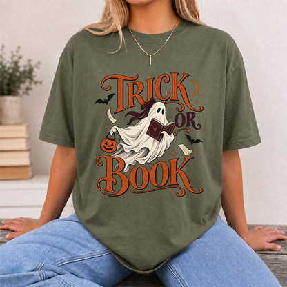 Trick Or Book Ghost Printed T-Shirt | Halloween Book Lover Gift Military Green