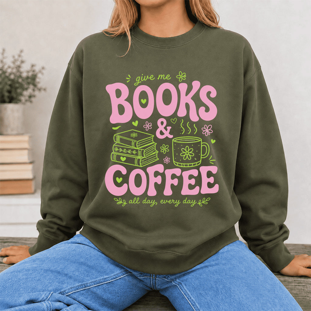 Books and Coffee Crewneck Sweatshirt | Reader Gift Military Green