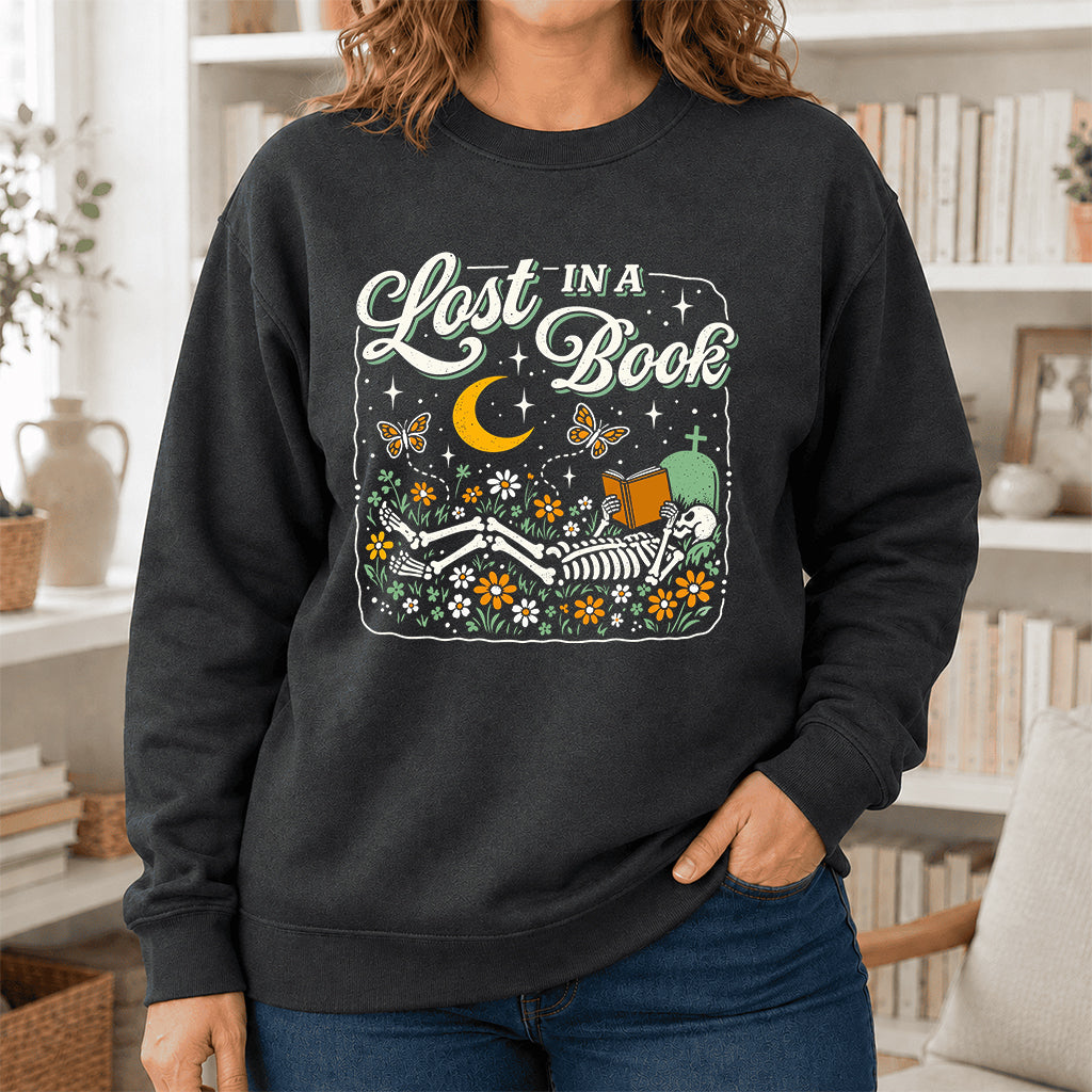 Lost In A Book Crewneck Sweatshirt | Halloween Reader Gift Dark Heather