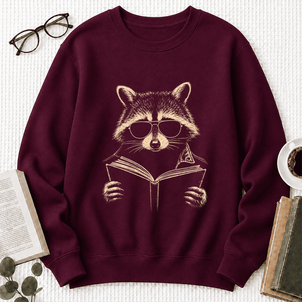 Raccoon Reading Book Crewneck Sweatshirt | Reader Gift Maroon
