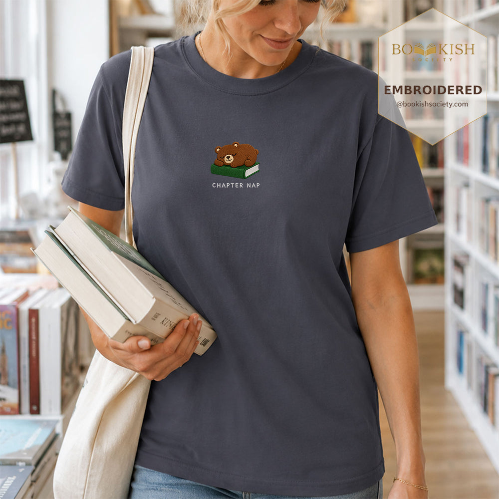 Embroidered Chapter Nap Comfort Color® T-shirt Book Lover Gift Navy