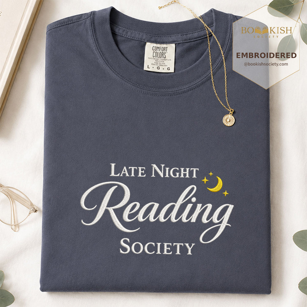 Late Night Reading Society Embroidered Comfort Color® T-shirt | Book Lover Gift Denim