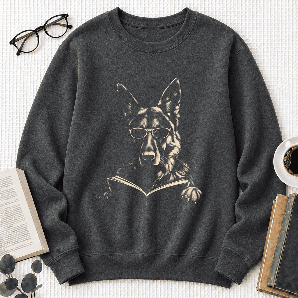 German Shepherd Reading Book Crewneck Sweatshirt | Reader Gift Dark Heather