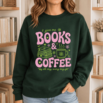 Books and Coffee Crewneck Sweatshirt | Reader Gift Forest Green