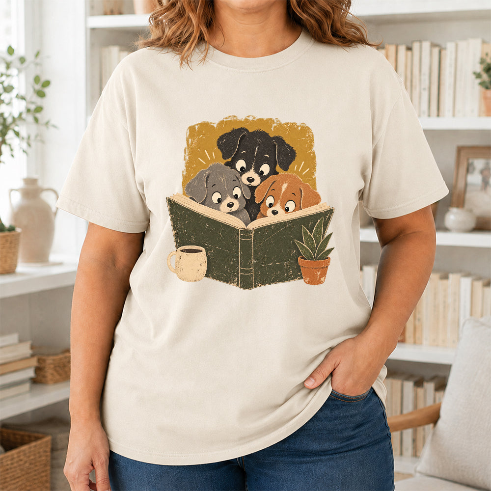 Minimal Japanese Dogs Reading Softstyle T-Shirt | Book Lover Gift Natural