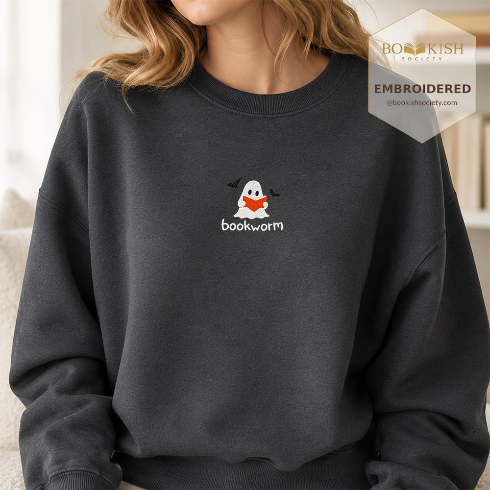 Bookworm Embroidered Sweatshirt | Halloween Book Lover Gift Dark Heather