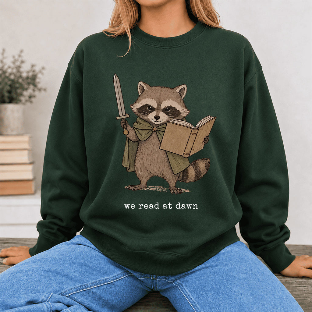 Raccoon We Read At Dawn Crewneck Sweatshirt | Reader Gift Forest Green