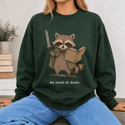 Raccoon We Read At Dawn Crewneck Sweatshirt | Reader Gift Forest Green