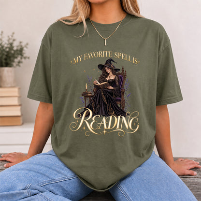 My Favorite Spell Is Reading Printed T-Shirt | Halloween Fantasy Book Lover Gift Military Green