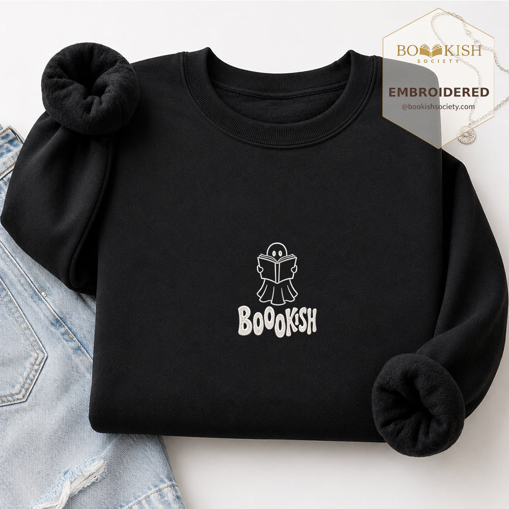 Bookish Ghost Embroidered Sweatshirt | Halloween Book Lover Gift Black