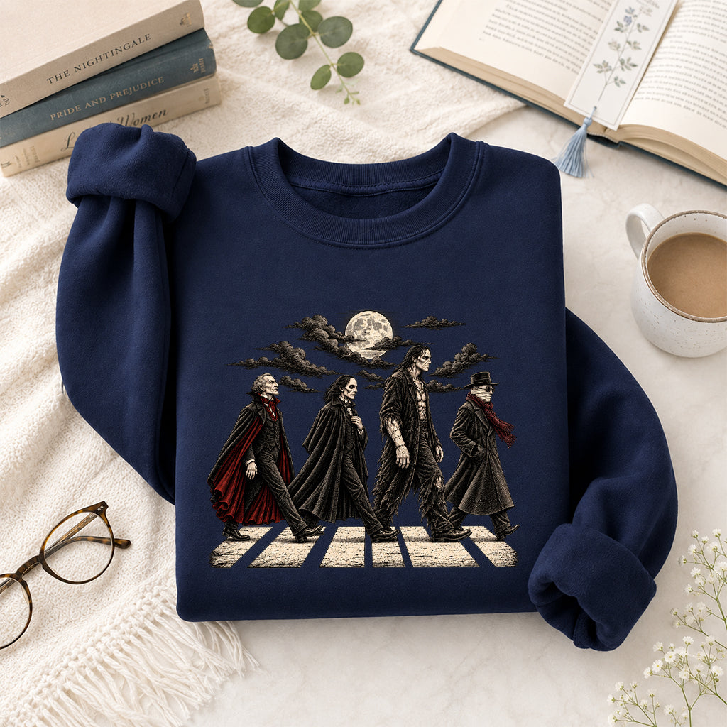 Monsters Road Printed Sweatshirt | Halloween Book Lover Gift Navy