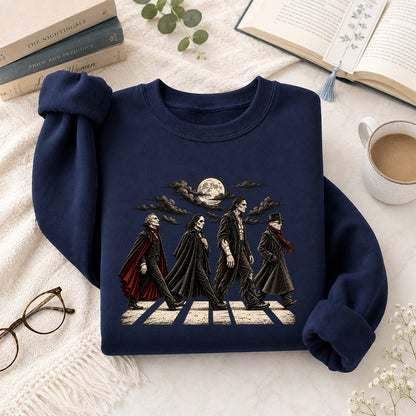 Monsters Road Printed Sweatshirt | Halloween Book Lover Gift Navy