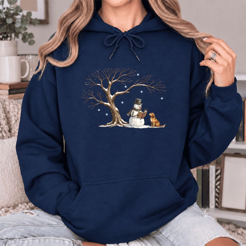 Golden Retriever And Snowman Under Tree Softstyle Hoodie | Christmas Reader Gift Navy