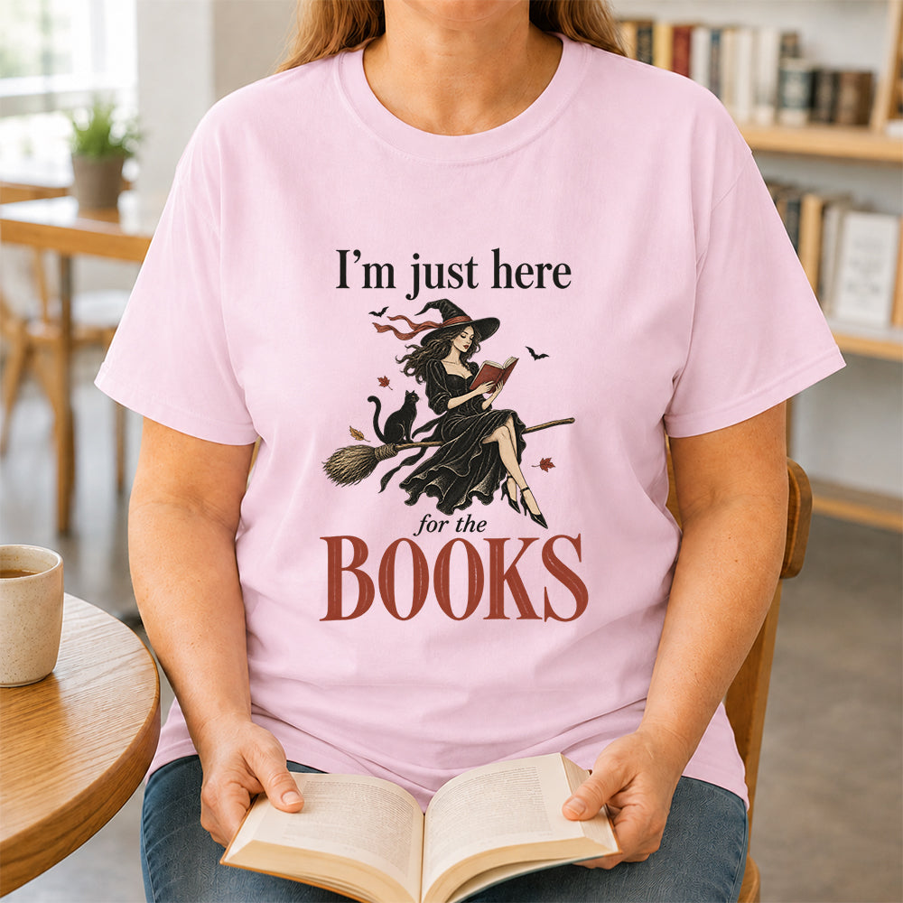 I'M Just Here For The Books Printed T-Shirt | Halloween Book Lover Gift Light Pink