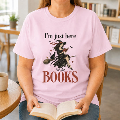 I'M Just Here For The Books Printed T-Shirt | Halloween Book Lover Gift Light Pink