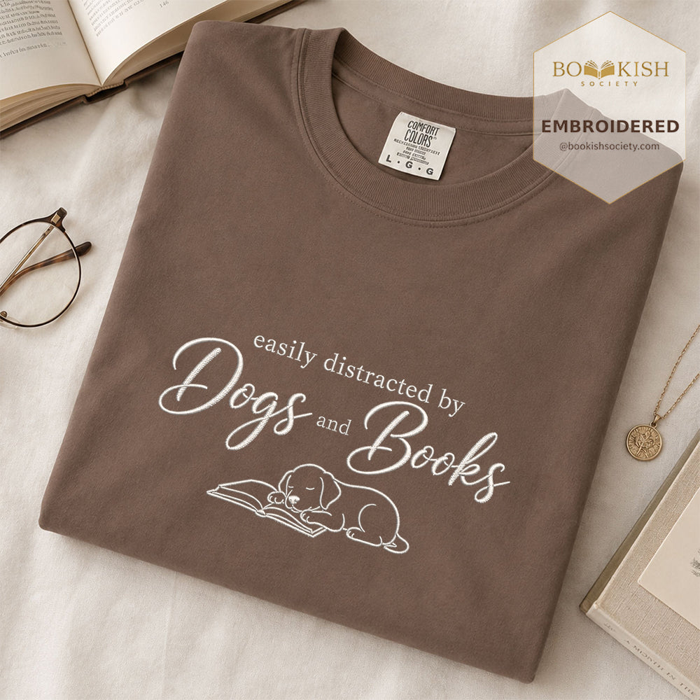 Easily Distracted By Dogs And Books Embroidered Comfort Color® T-shirt | Book Lover Gift Espresso