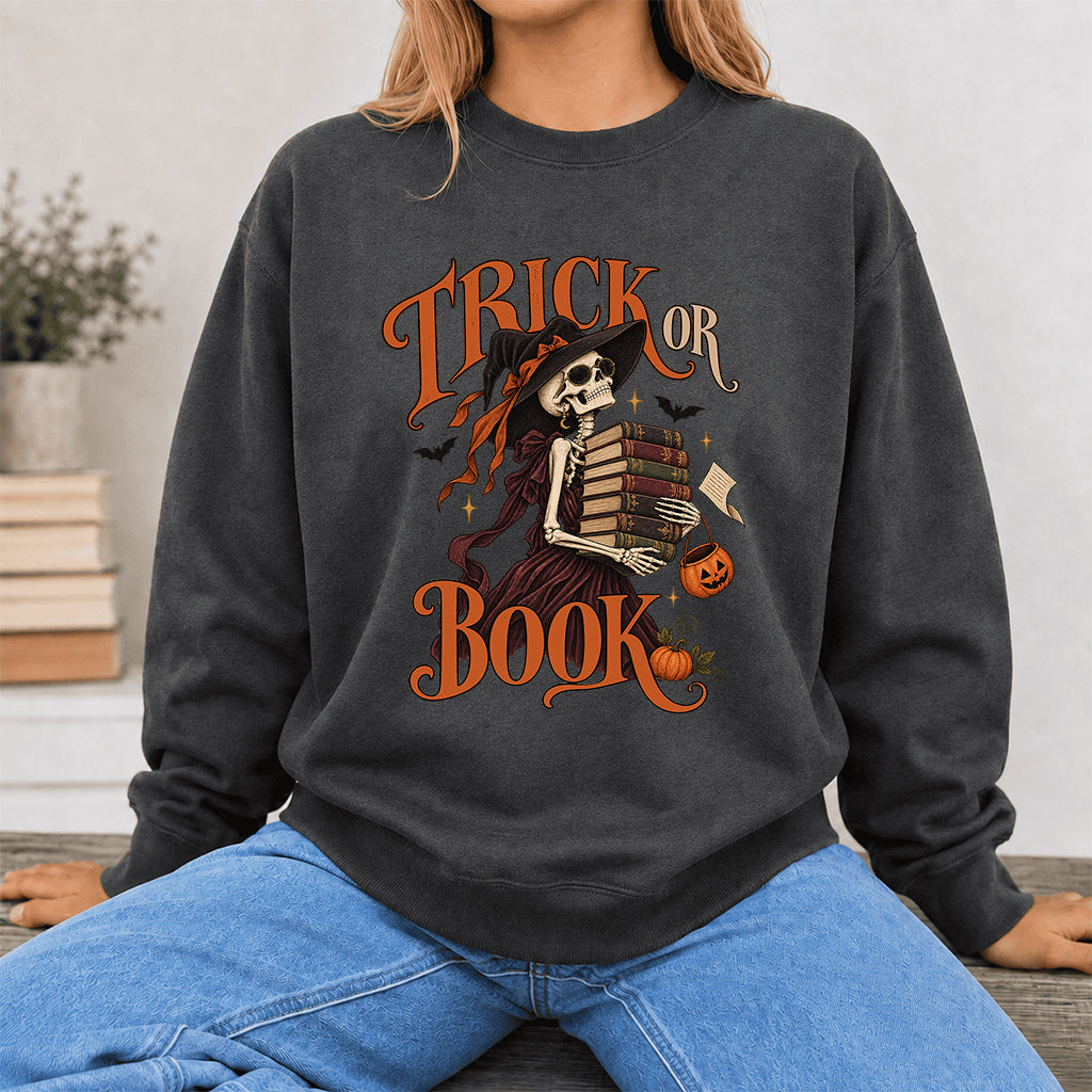 Trick Or Book Printed Sweatshirt | Halloween Book Lover Gift Dark Heather