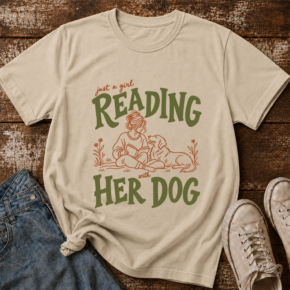 Just A Girl Reading With Her Dog Softstyle T-Shirt | Book Lover Gift Sand
