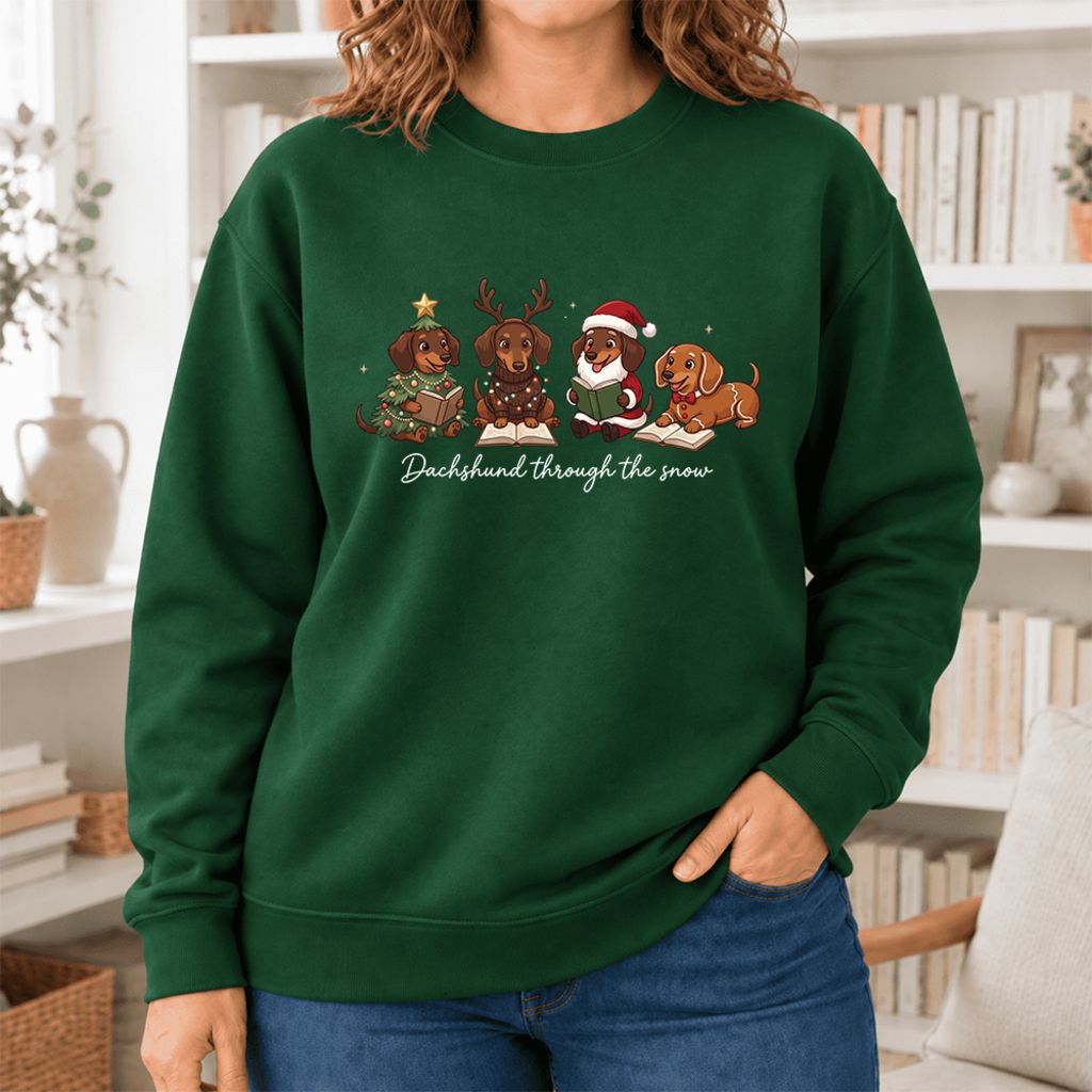 Dachshund Through The Snow Softstyle Sweatshirt | Christmas Book Lover Gift Forest Green