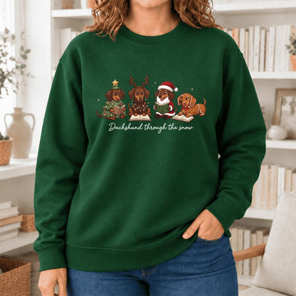 Dachshund Through The Snow Softstyle Sweatshirt | Christmas Book Lover Gift Forest Green