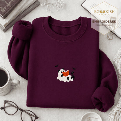 Reading Ghost Cat Embroidered Sweatshirt | Spooky Halloween Reader Gift Maroon
