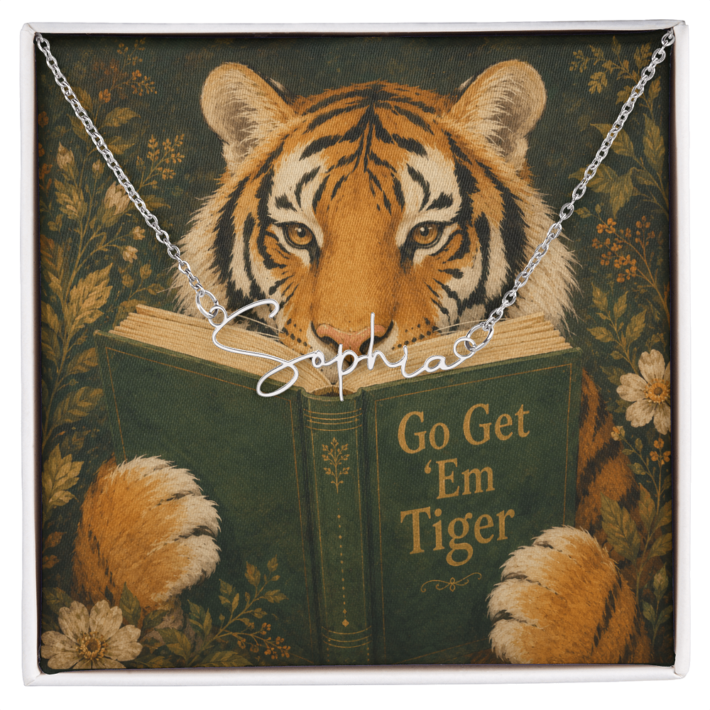 Motivational Tiger Reading Decorative Card And Custom Name Polished Stainless Steel Necklace With Box Book Lover Gift Font 2