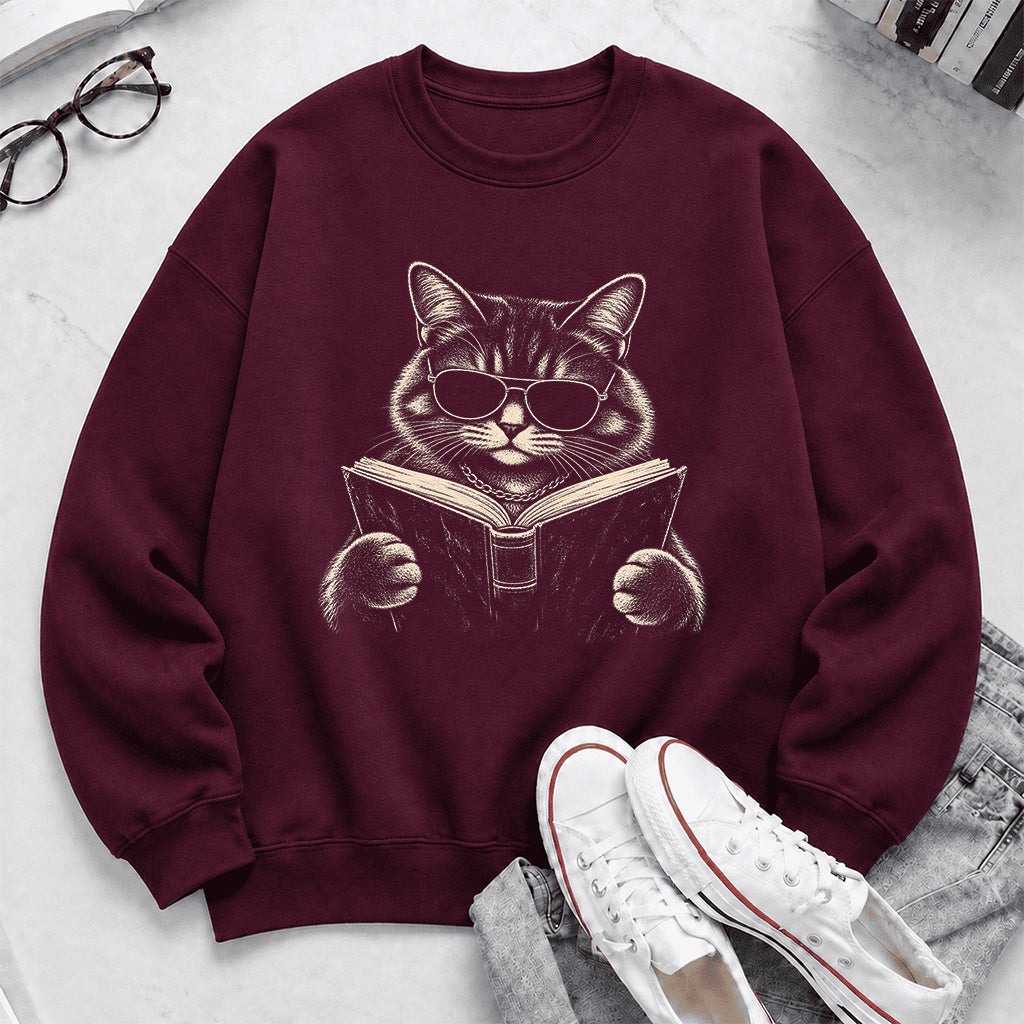 Cat Reading Book Crewneck Sweatshirt | Reader Gift Maroon