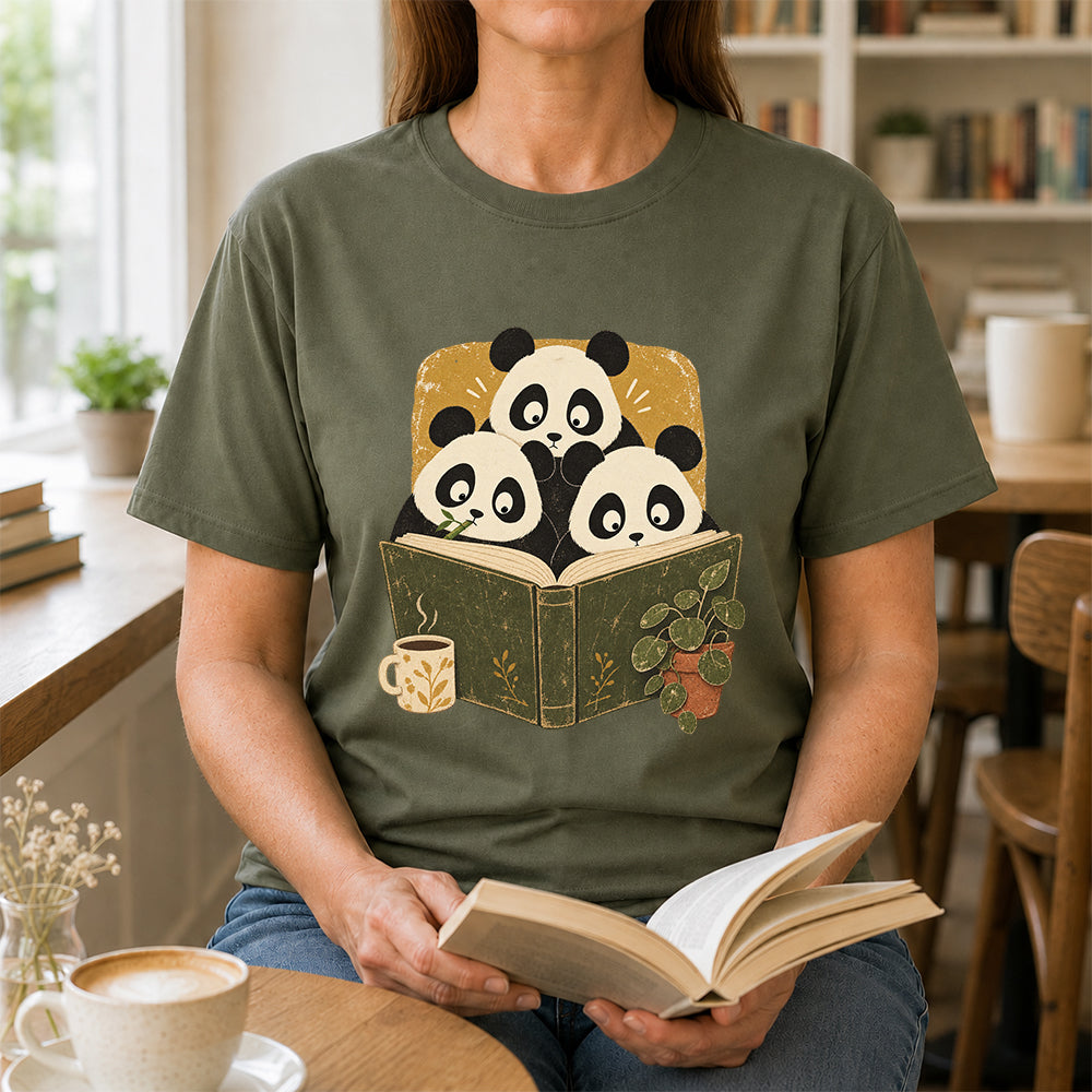 Minimal Japanese Pandas Reading Softstyle T-Shirt | Book Lover Gift Military Green
