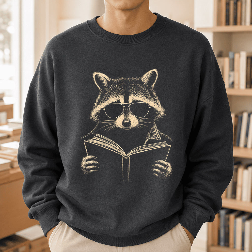 Raccoon Reading Book Crewneck Sweatshirt | Reader Gift Dark Heather