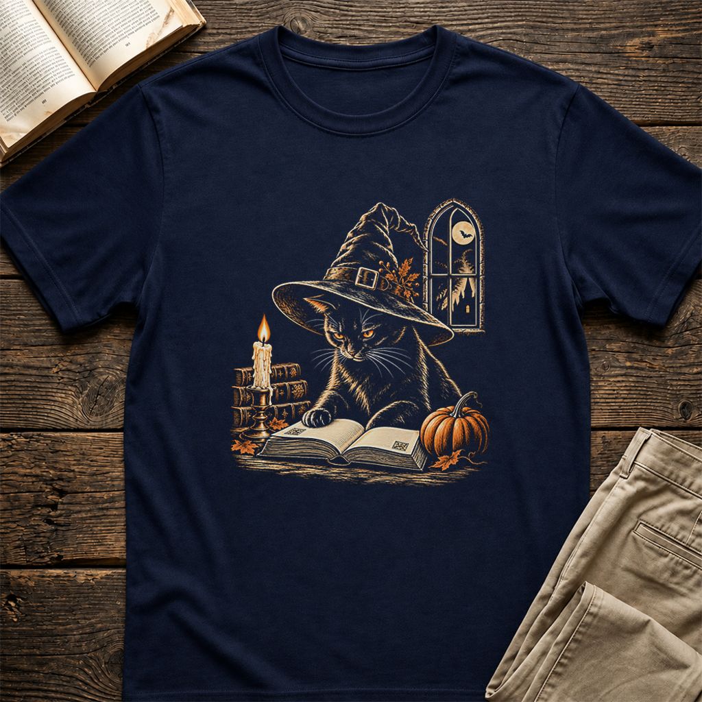 Reading Black Cat Witch Printed T-Shirt | Halloween Book Lover Gift Navy