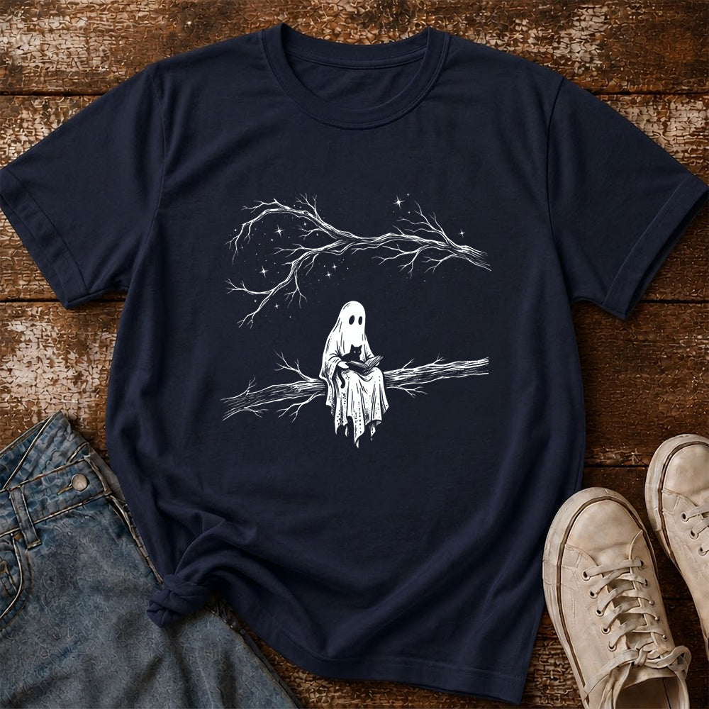 Reading Ghost With Black Cat Printed T-Shirt | Halloween Cat Lover Reader Gift Navy