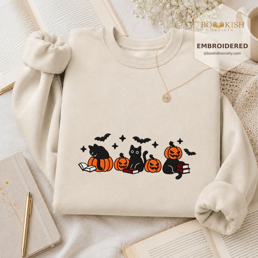 Black Cats And Halloween Embroidered Sweatshirt | Spooky Book Lover Gift Sand