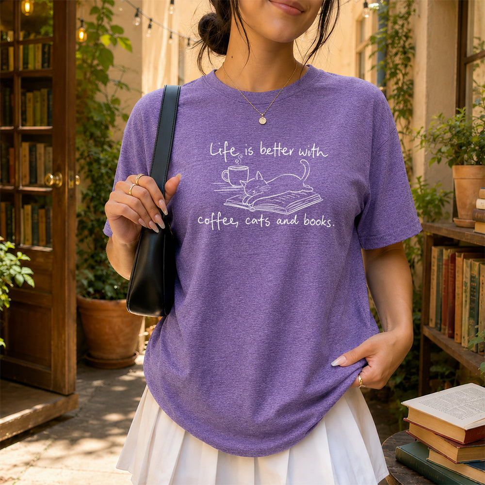 Funny Cats and Books Design Softstyle T-Shirt | Book Lover Gift Heather Purple