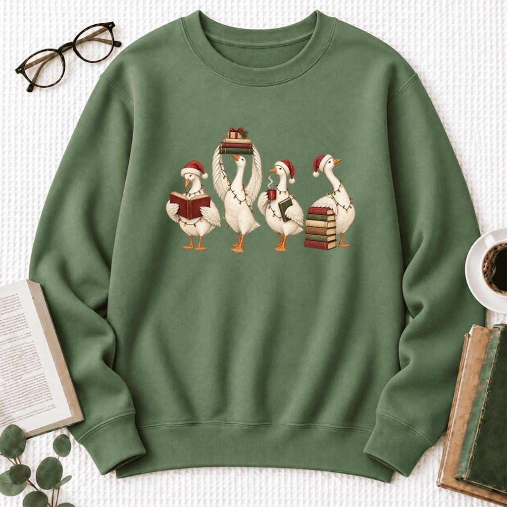 Christmas Reading Ducks Softstyle Sweatshirt | Christmas Book Lover Gift Military Green