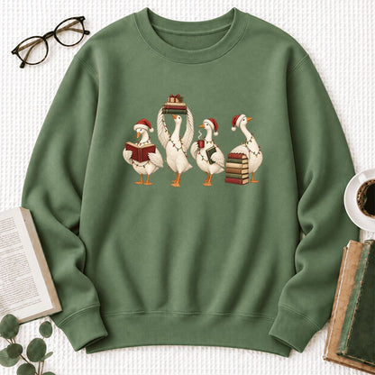 Christmas Reading Ducks Softstyle Sweatshirt | Christmas Book Lover Gift Military Green