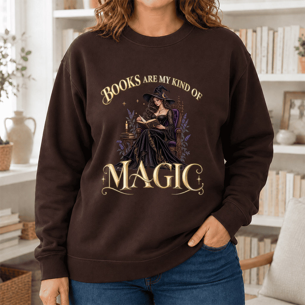 Books Are My Kind Of Magic Crewneck Sweatshirt | Halloween Literary Fantasy Book Lover Gift Dark Chocolate