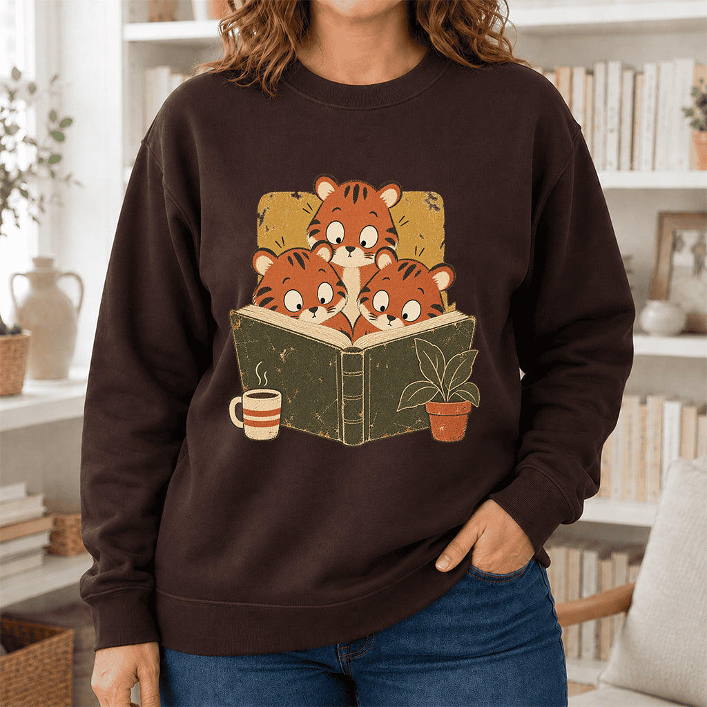 Minimal Japanese Tigers Reading Crewneck Sweatshirt | Reader Gift Dark Chocolate