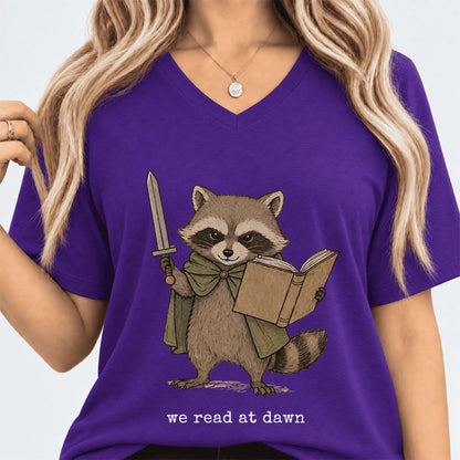 We Read At Dawn Funny Racoon Ultra-Soft V-Neck | Cozy Book Lover Gift Team Purple
