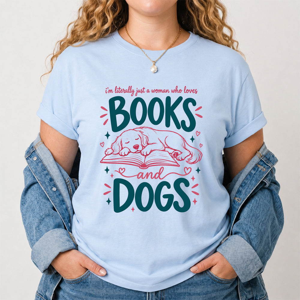 Just A Woman Who Loves Books and Dogs Cotton T-Shirt | Dog Lover & Reader Gift Light Blue