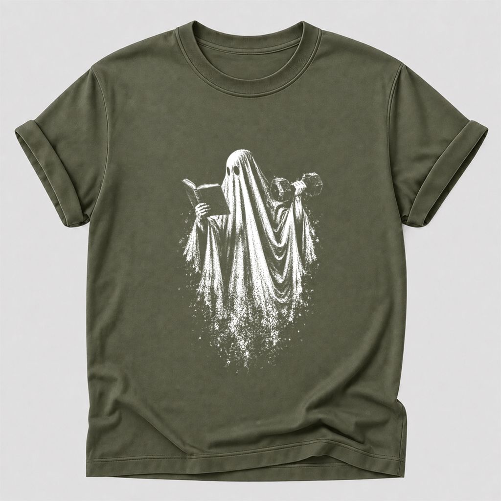 Reading Gym Ghost Printed T-Shirt | Halloween Book Lover Gift Military Green