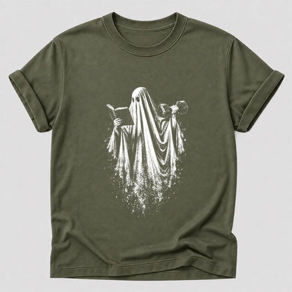 Reading Gym Ghost Printed T-Shirt | Halloween Book Lover Gift Military Green