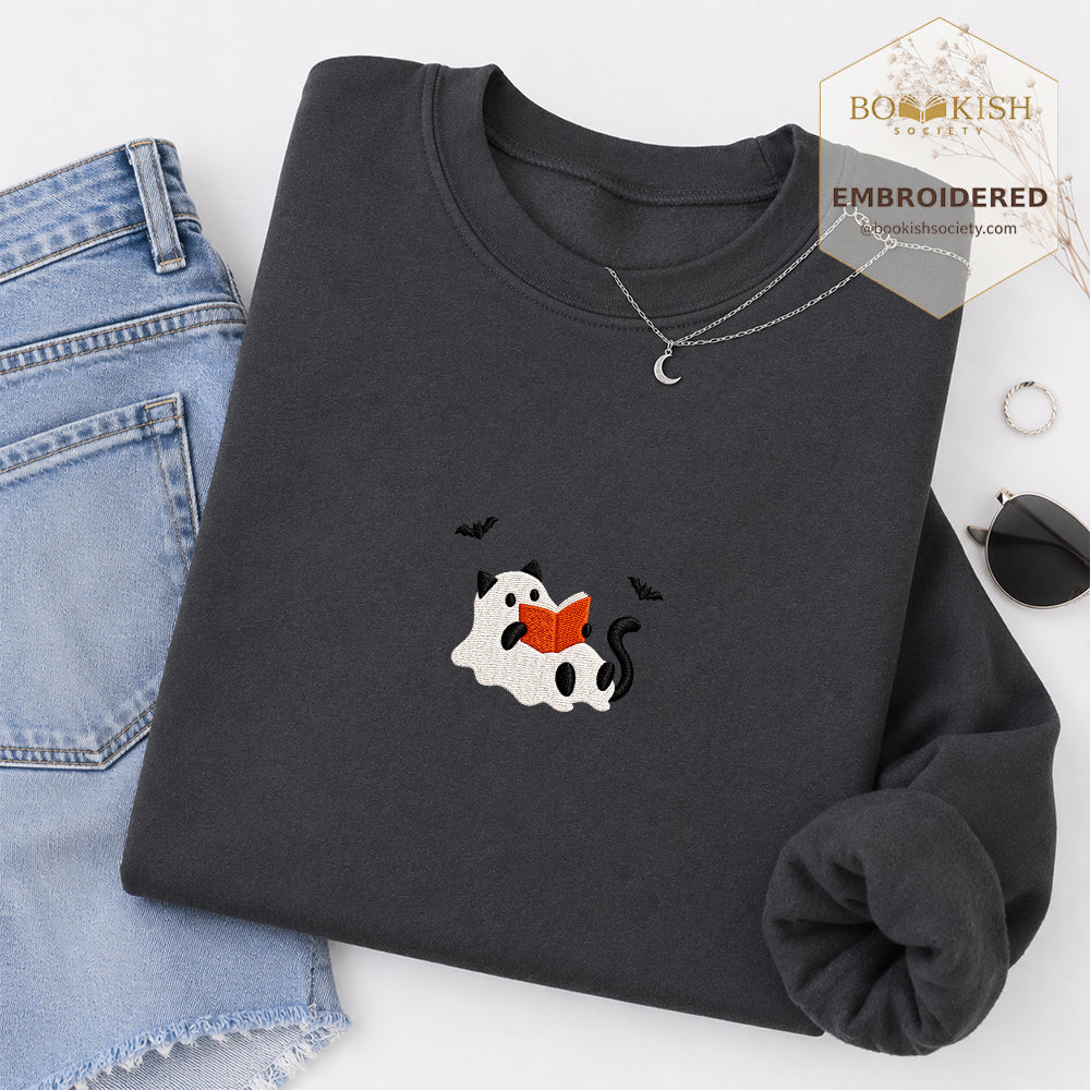 Reading Ghost Cat Embroidered Sweatshirt | Spooky Halloween Reader Gift Dark Heather