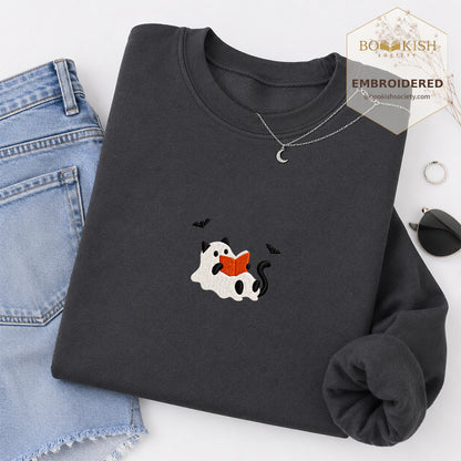 Reading Ghost Cat Embroidered Sweatshirt | Spooky Halloween Reader Gift Dark Heather