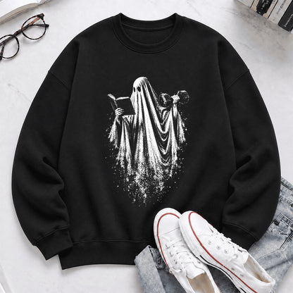 Reading Gym Ghost Printed Sweatshirt | Halloween Book Lover Gift Black