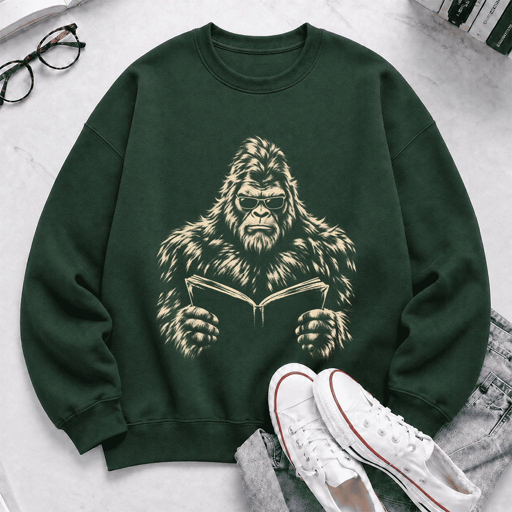 Big Foot Reading Book Crewneck Sweatshirt | Reader Gift Forest Green