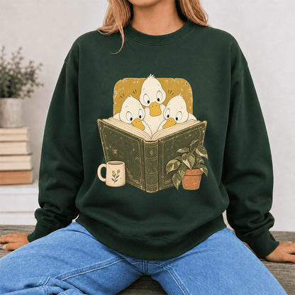 Minimal Japanese Ducks Reading Crewneck Sweatshirt | Reader Gift Forest Green