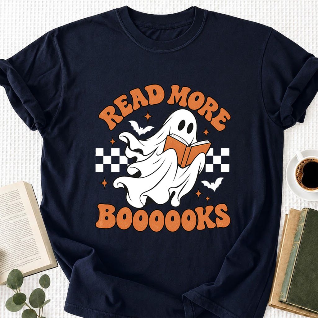 Read More Books Flying Ghost Printed T-Shirt | Halloween Book Lover Gift Navy