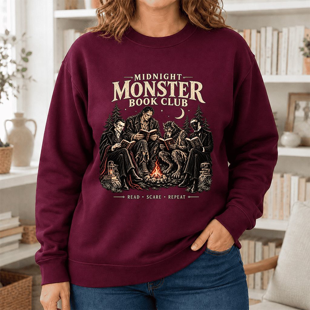 Midnight Monster Book Club Printed Sweatshirt | Halloween Book Lover Gift Maroon